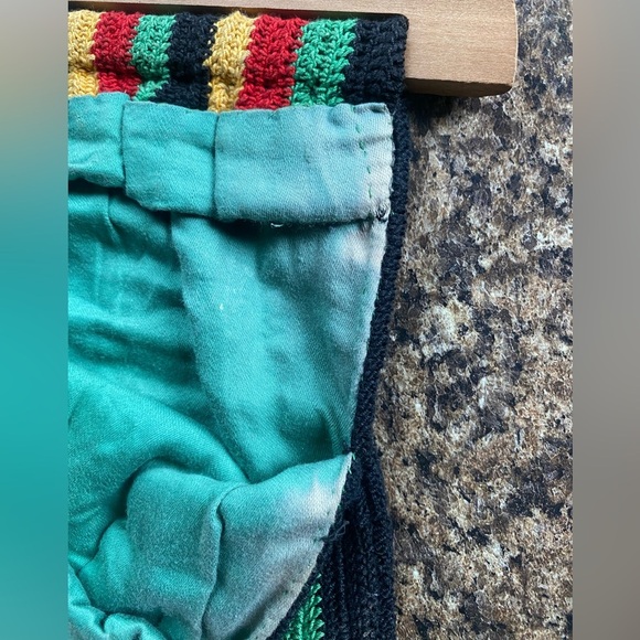 Vintage Reggae Multicolor Striped Knit Handbag Tote Hippie Wooden Handle Bag - Picture 4 of 7